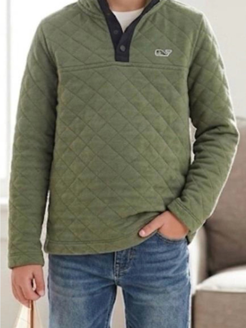 Quilted Olive Green Pullover Sweater - Boys